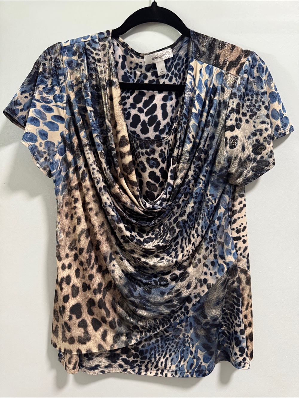 Dressbarn Blue and Beige Animal Print Draped Cowl Neck Top